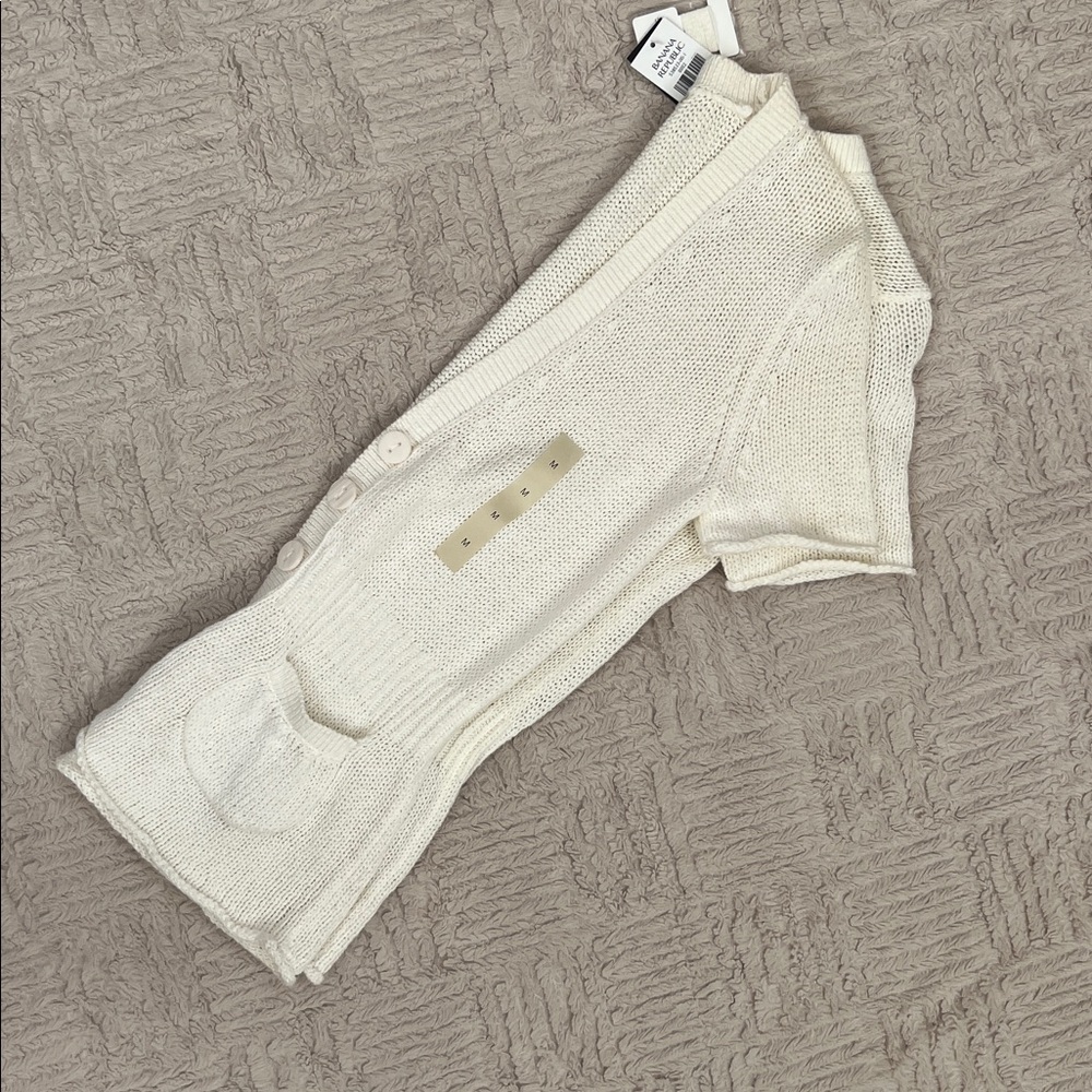 White Short Sleeve Cardigan cotton linen blend Size Medium, New - Picture 16 of 16